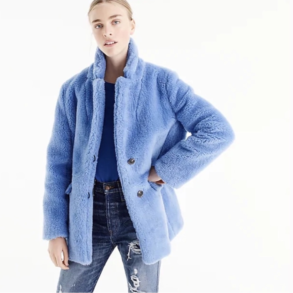 J. Crew Yuna Teddy Faux Fur Jacket Blue Rare Fuzzy Furry Statement